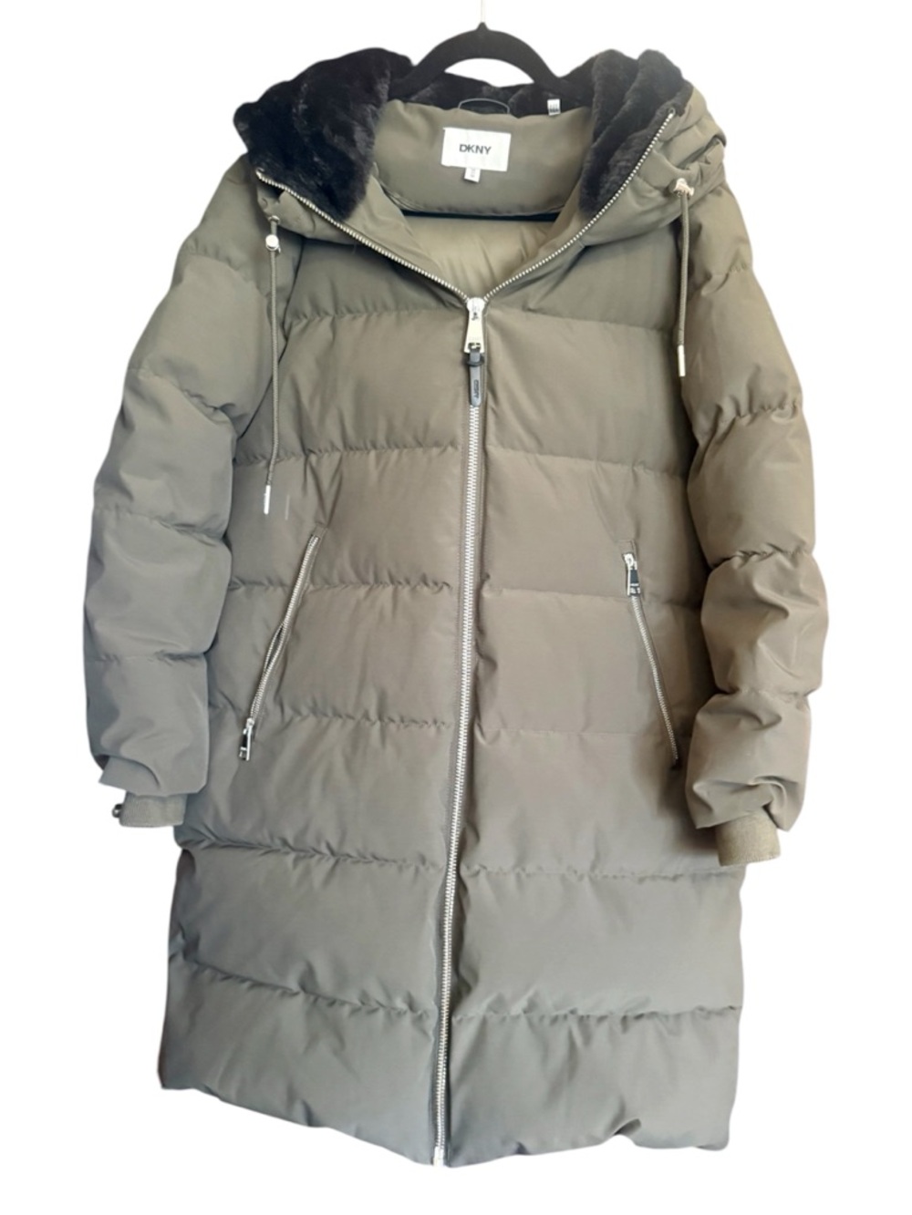 DKNY Long Winter Coat – Below‑Knee Length, Faux‑Fur Hood (Size M)